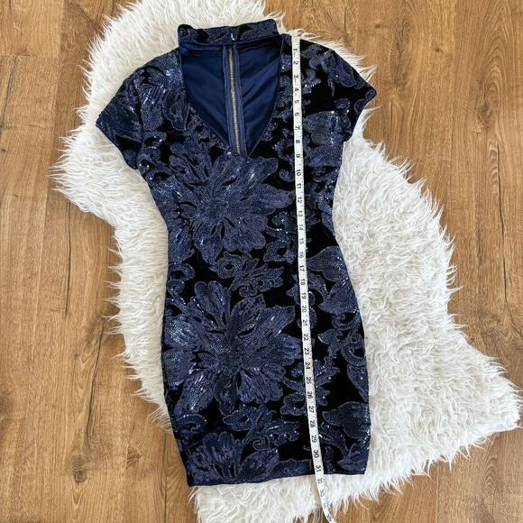 AKIRA Navy Velvet and Sequin Floral Mini Dress | Size S - Picture 3 of 8